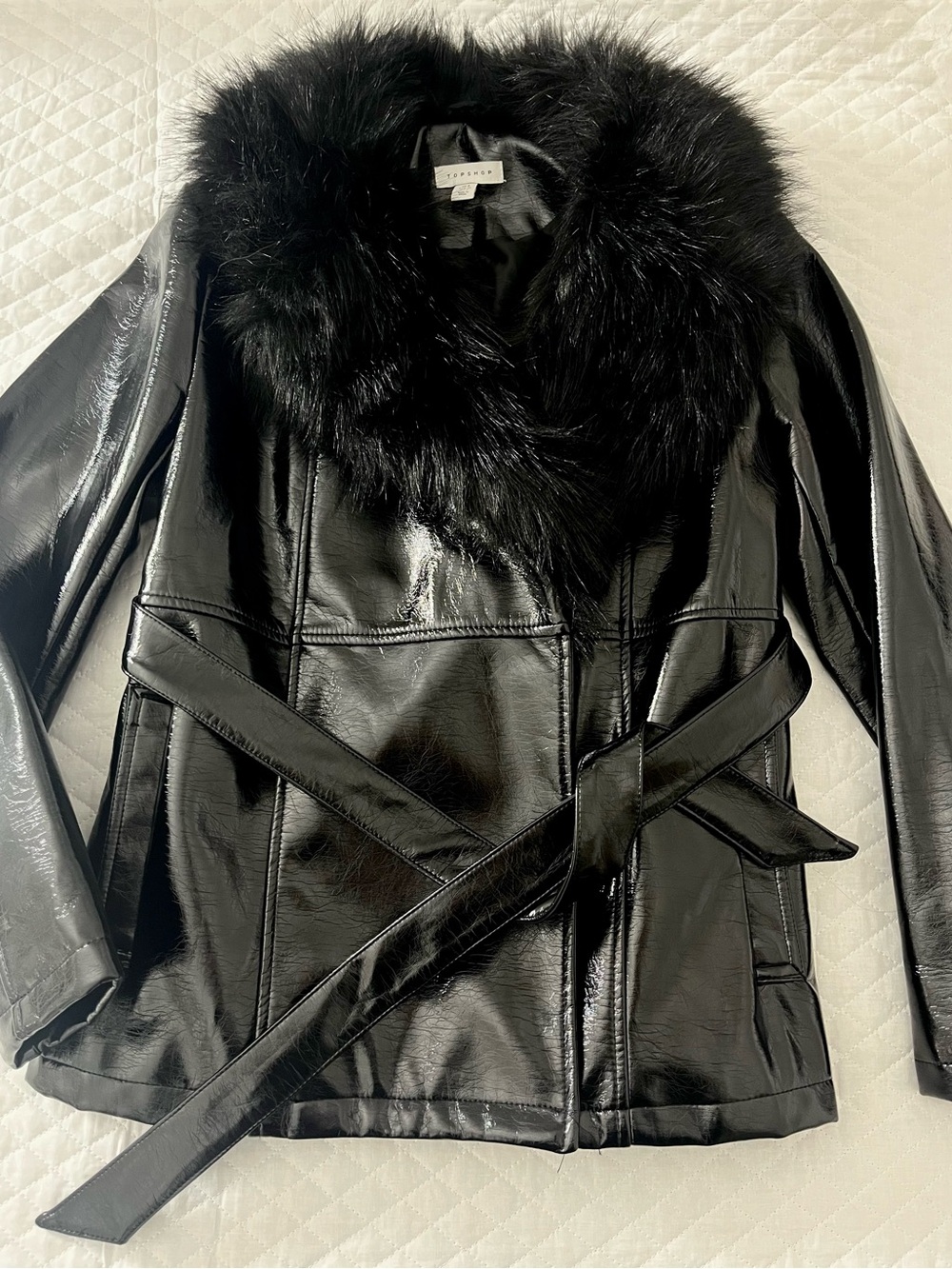 Topshop Black Faux Leather Coat with Fur Collar size US 4